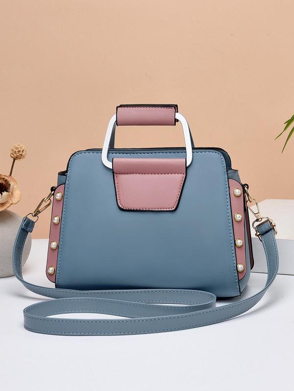 Women's Elegant Fashion Colorblock Stripe FauxPearl Decorative Zipper Handbag Bag