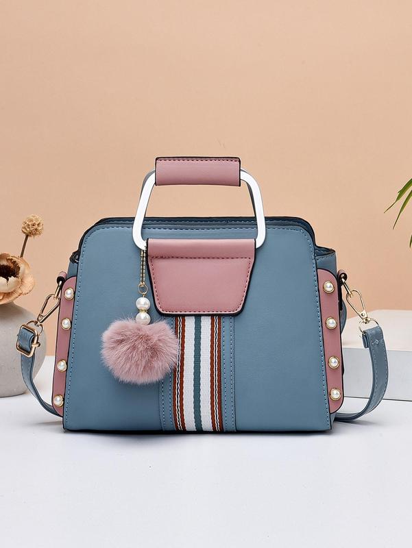 Women's Elegant Fashion Colorblock Stripe FauxPearl Decorative Zipper Handbag Bag