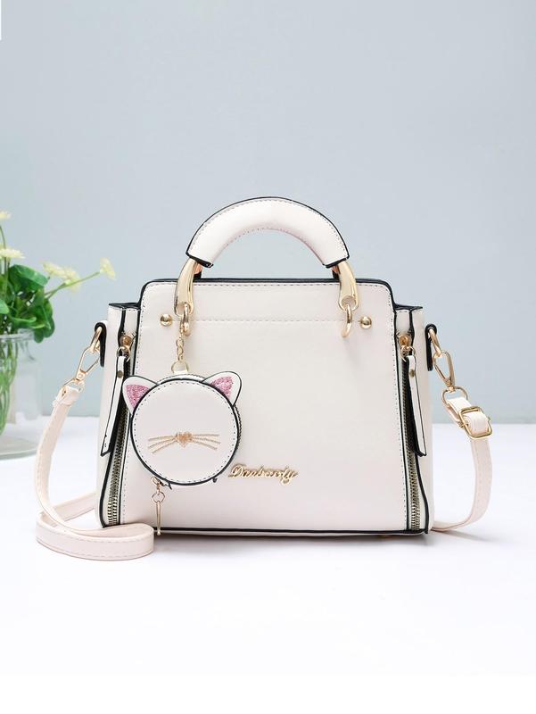 Women's Elegant and Fashionable PU LeatherZipper Tote Bag with Cute Cat Design PouchCharm